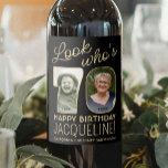 Look Who's 70 Black & Gold 2 Photo Birthday Party Wine Label<br><div class="desc">Look who's 70! Add an elegant personalized touch to 70th birthday party decorations for him or her with custom photo black and gold wine bottle labels. The pictures and wording on this template are simple to customize. (IMAGE PLACEMENT TIP: An easy way to position a photo exactly how you want...</div>