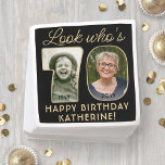 Look Who's 70 Black & Gold Happy Birthday 2 Photo Napkin<br><div class="desc">Look who's 70! Add an elegant personalized touch to 70th birthday party decorations for him or her with stylish custom photo paper napkins. Pictures and wording on this template are simple to customize (IMAGE PLACEMENT TIP: An easy way to position a photo exactly how you want is to crop it...</div>