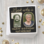 Look Who's 70 Black & Gold Happy Birthday 2 Photo Napkin<br><div class="desc">Look who's 70! Add an elegant personalized touch to 70th birthday party decorations for him or her with stylish custom photo paper napkins. Pictures and wording on this template are simple to customize (IMAGE PLACEMENT TIP: An easy way to position a photo exactly how you want is to crop it...</div>