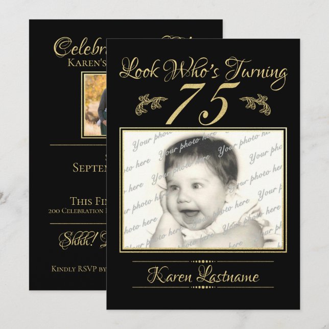 Look Who's 75 Photo Gold Black Invitation (Front/Back)