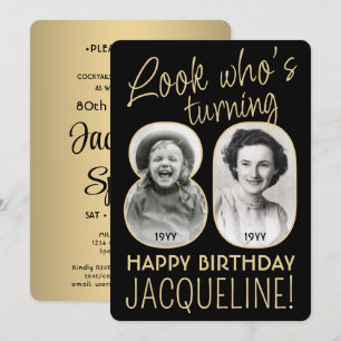 Look Who's 80 Black & Gold Birthday Party 2 Photo Invitation
