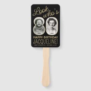 Look Who's 80 Black & Gold Happy Birthday 4 Photo Hand Fan