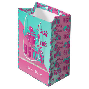 Look Who's 85   85th Birthday - Pink and Turquoise Medium Gift Bag