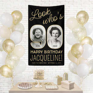 Look Who's 90 Black & Gold 2 Photo Birthday Party Banner