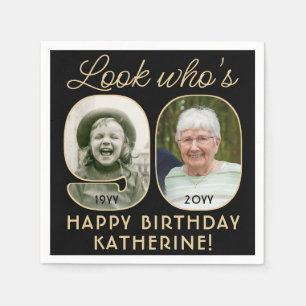 Look Who's 90 Black & Gold Happy Birthday 2 Photo Napkin