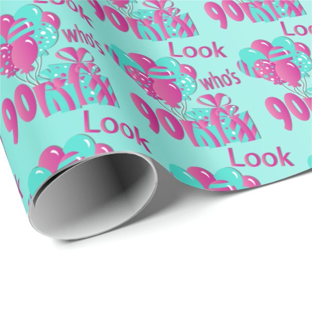 Look Who's 90 in Pink and Turquoise- 90th Birthday Wrapping Paper (Roll Corner)