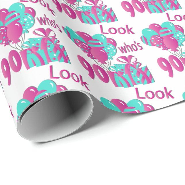 Look Who's 90 in Pink & Turquoise3 - 90th Birthday Wrapping Paper (Roll Corner)