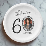 Look Who's Sixty Photo 60th Birthday Paper Plate<br><div class="desc">Celebrate your 60th birthday with a dose of humour! Our paper plates not only feature a fun phrase 'Look who's 60' but also add a personalized touch with your photo replacing the zero. Framed by a quirky doodley border and accompanied by an easy-to-edit text template, these plates are sure to...</div>