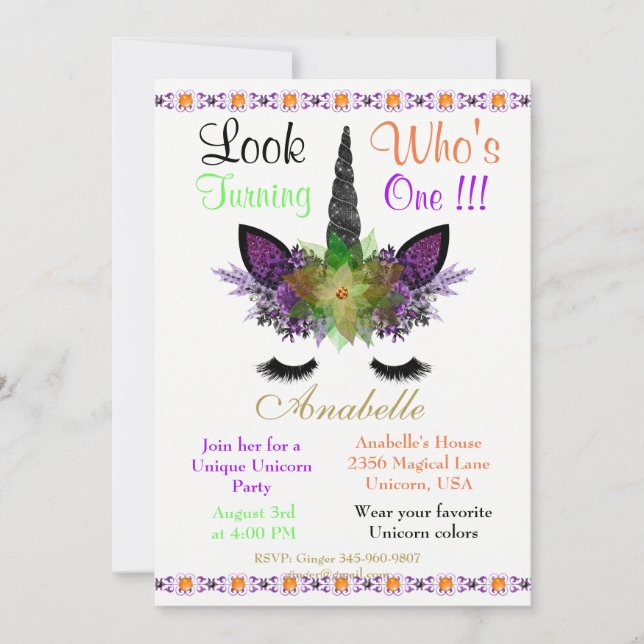 Look Who's Turning Unicorn Halloween Invitation (Front)