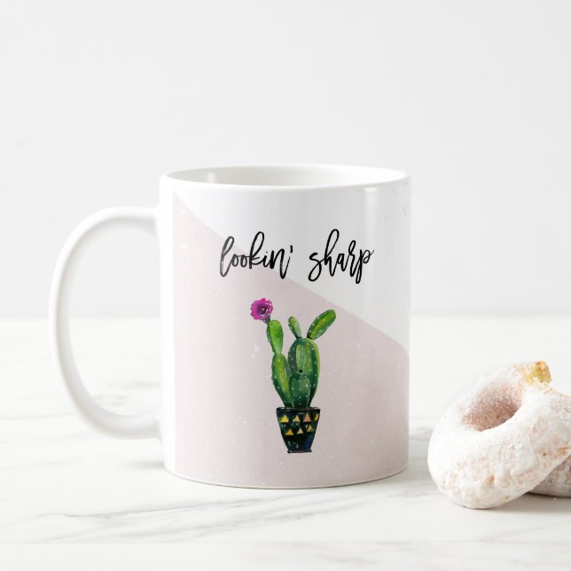 Lookin' Sharp | Blush Pink Marble and Cactus Coffee Mug (With Donut)