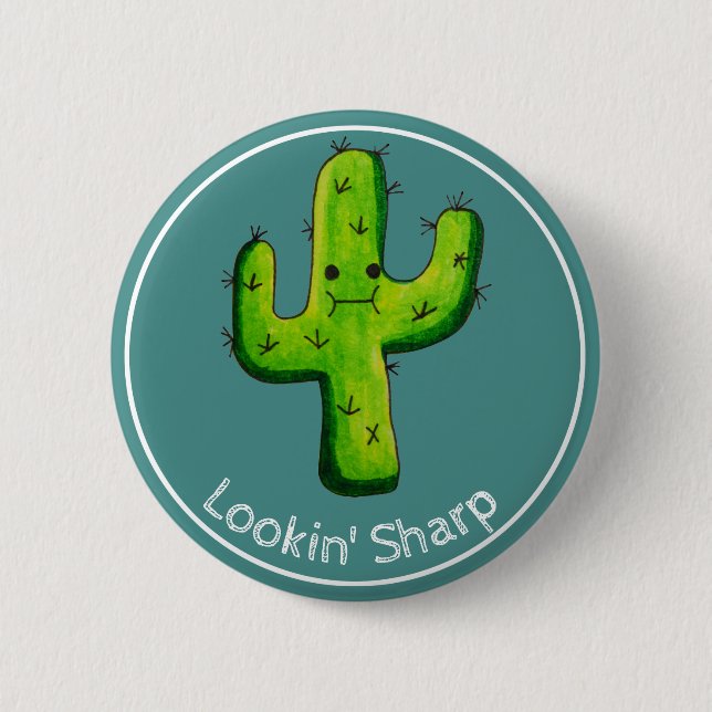 Lookin' Sharp Funny Watercolor Cactus 2 Inch Round Button (Front)