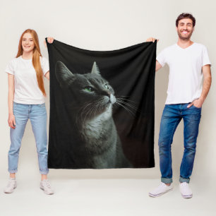Looking Cat Stylish Black Background Custom image Fleece Blanket