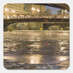 Looking down the frozen Chicago River in Square Sticker