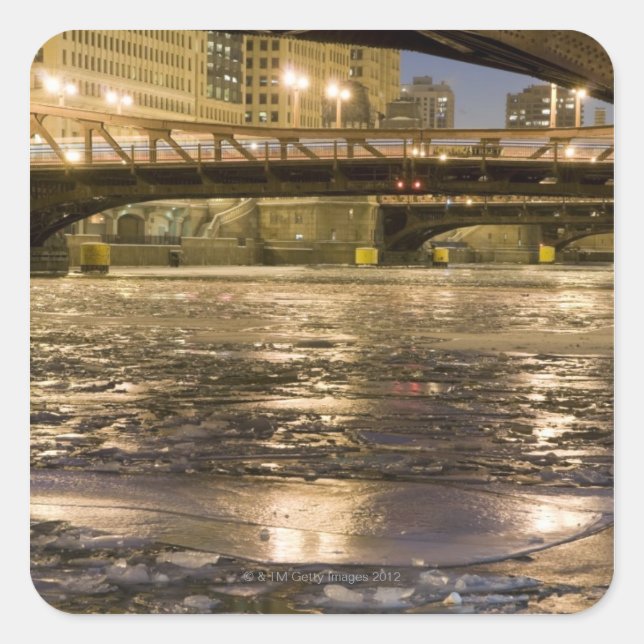 Looking down the frozen Chicago River in Square Sticker (Front)