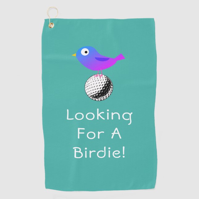 Looking For A Birdie, DIY, Bird & Ball Art, Teal Golf Towel (Front)
