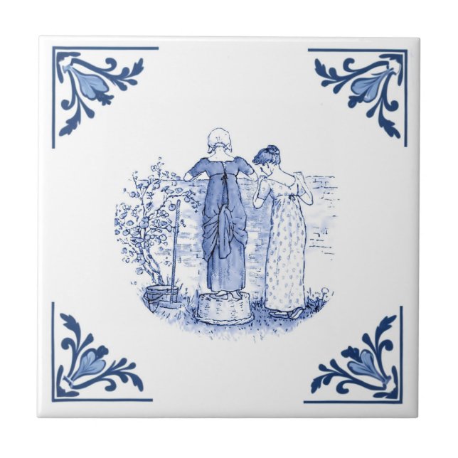 Looking Over the Fence Delft Corner Blue and White Tile (Front)