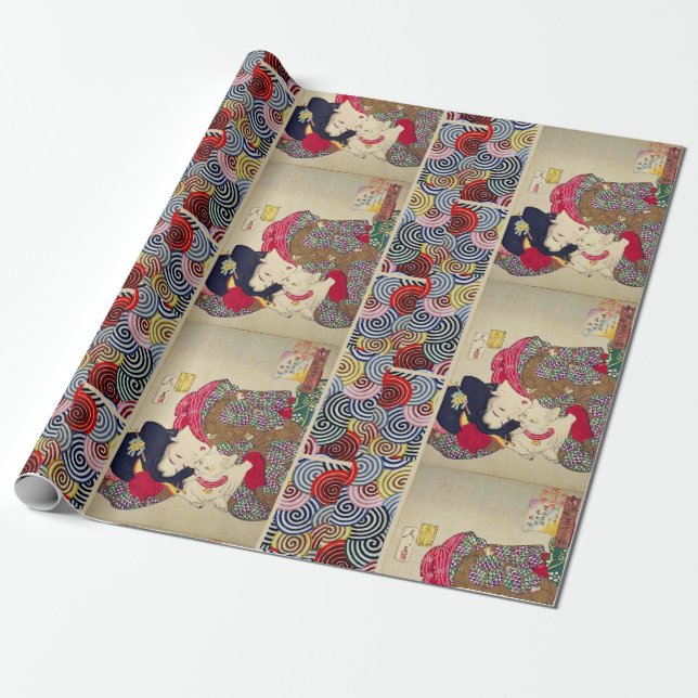 LOOKING TIRESOME ,JAPANESE WOMAN WITH WHITE CAT WRAPPING PAPER (Unrolled)