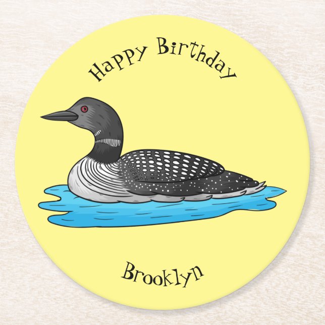 Loon bird cartoon illustration  round paper coaster (Front)