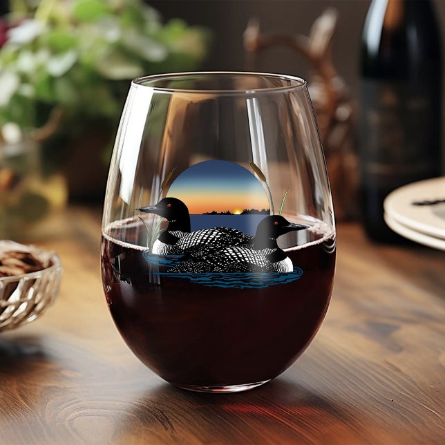 Loon Couple Sunset Blue Stemless Wine Glass (Creator Uploaded)