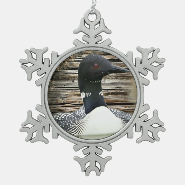 Loon Snowflake Pewter Christmas Ornament (Front)