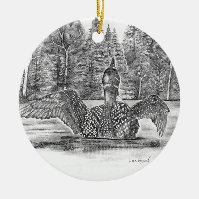 Loon Spreading Wings Ceramic Ornament (Front)