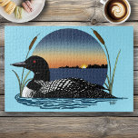 Loon Sunset Blue Jigsaw Puzzle<br><div class="desc">A loon on a lake with a sunset and cattails in a backdrop of blue</div>