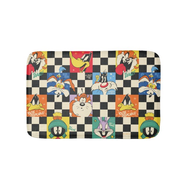 LOONEY TUNES™ Characters on Black & White Chequere Bath Mat (Front)