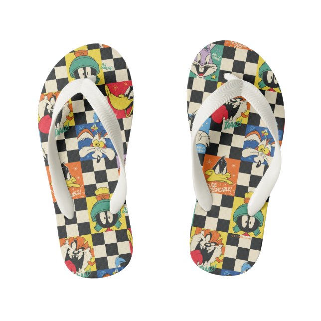 LOONEY TUNES™ Characters on Black & White Chequere Kid's Flip Flops (Footbed)