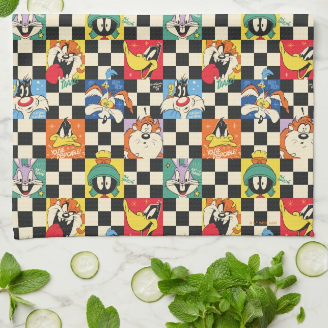 LOONEY TUNES™ Characters on Black & White Chequere Kitchen Towel (Folded)