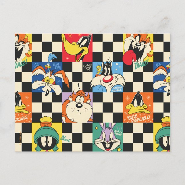 LOONEY TUNES™ Characters on Black & White Chequere Postcard (Front)