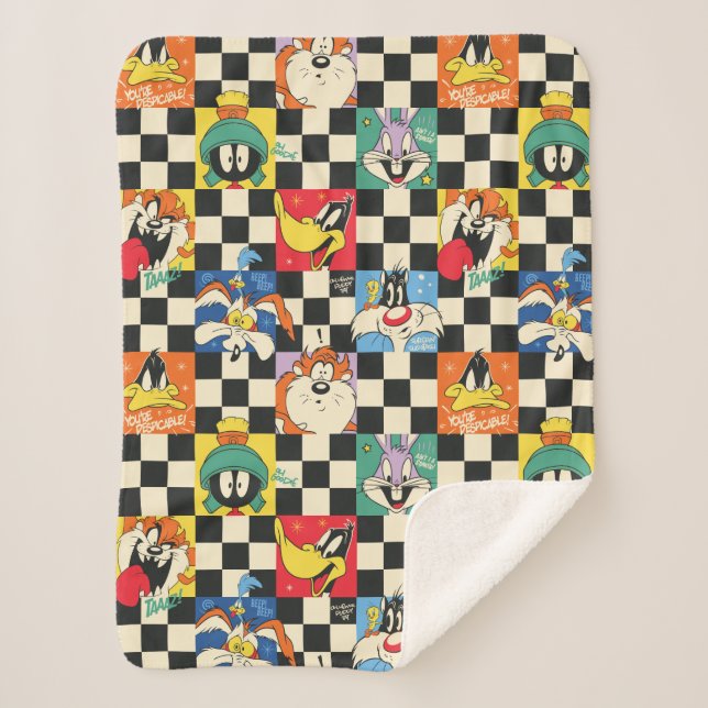 LOONEY TUNES™ Characters on Black & White Chequere Sherpa Blanket (Front)