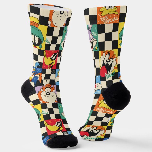LOONEY TUNES™ Characters on Black & White Chequere Socks (Angled)