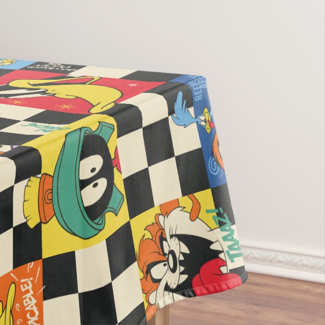 LOONEY TUNES™ Characters on Black & White Chequere Tablecloth (In Situ)
