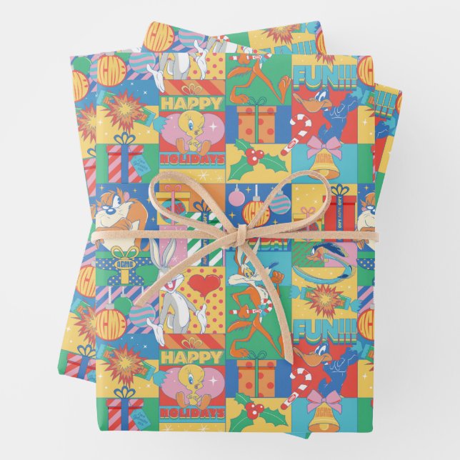 LOONEY TUNES™ | Happy Holidays Christmas Pattern Wrapping Paper Sheet (In situ)