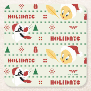LOONEY TUNES™ SYLVESTER™ & TWEETY™ Holiday Pattern Square Paper Coaster