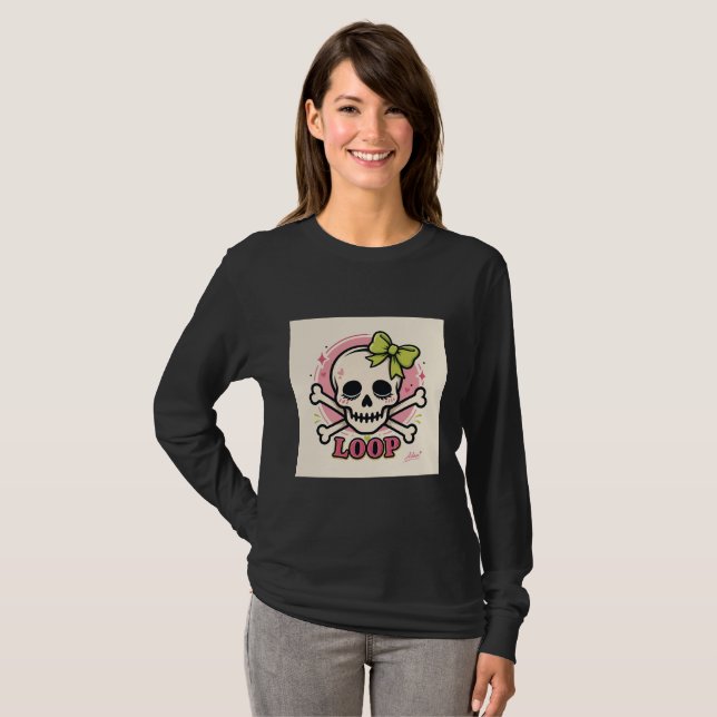 Loop Skull Bow Cute Long Sleeve T-Shirt (Front Full)