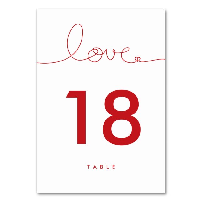 Loopy Love Red Heart Wedding Table Number Card (Front)