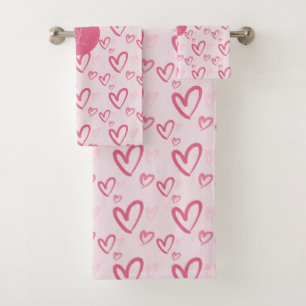 Loose Pink Heart Pattern Valentine Monogram Bath Towel Set