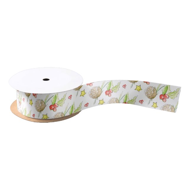 Loose watercolor holly star cones pattern ribbons satin ribbon (Spool)
