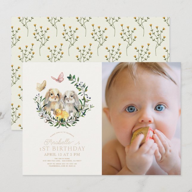 Lop Rabbit Bunny Butterfly 1st Birthday Photo Invitation (Front/Back)