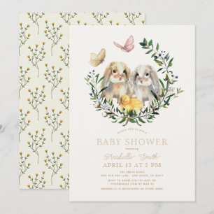 Lop Rabbit Bunny Chick Butterfly Baby Shower Invitation