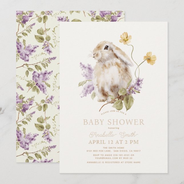 Lop Rabbit Bunny Purple Lilac Floral Baby Shower Invitation (Front/Back)
