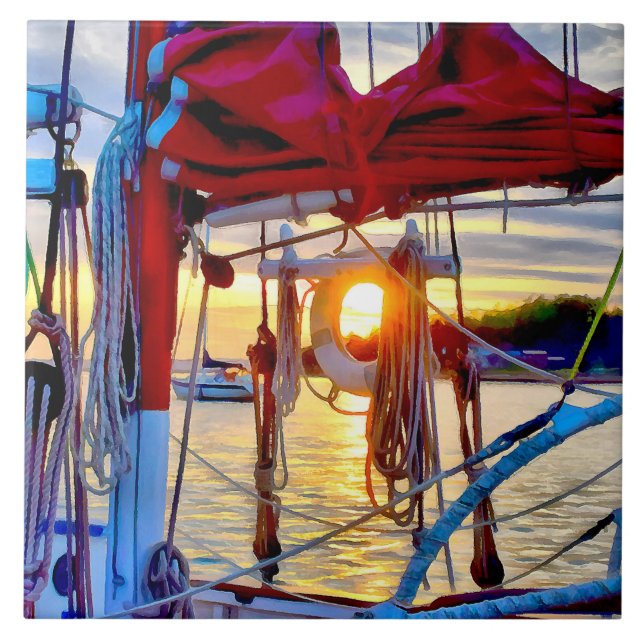 Lopez Island Sailing and Sunset Decorative Tile (Front)