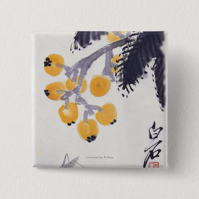 Loquats and a Grasshopper 2 Inch Square Button (Front)