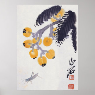 Loquats et une affiche de sauterelle