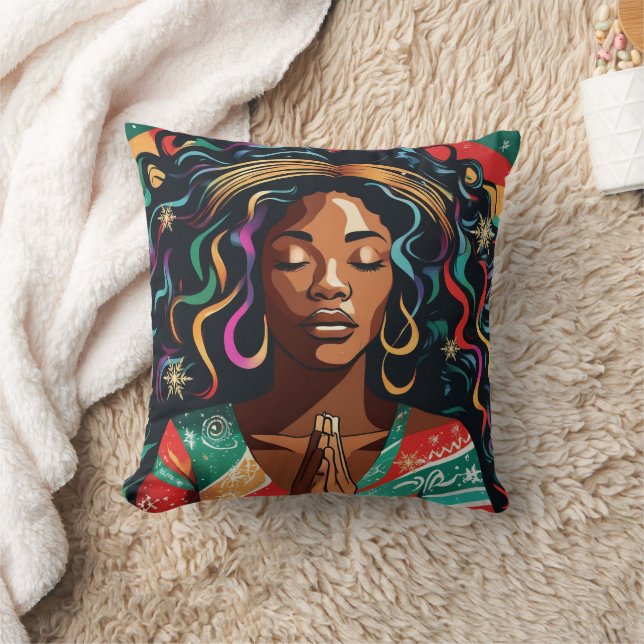 Lord Bless and Keep You Christmas Black Woman Throw Pillow (Blanket)