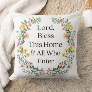 Lord Bless This Home Floral Wreath Throw Pillow