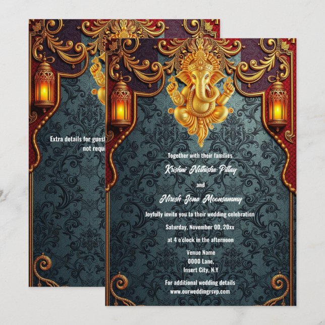 Lord Ganesh blue gold luxurious indian wedding Invitation (Front/Back)