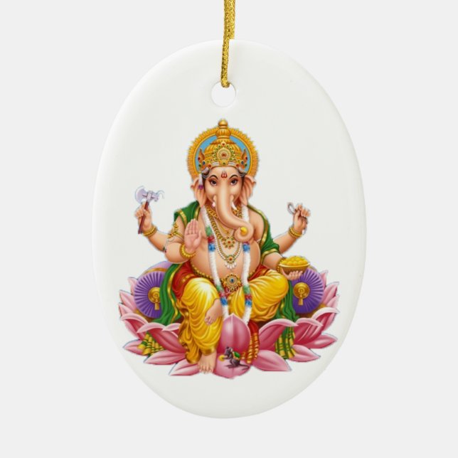 Lord Ganesh on Lotus Flower Ceramic Ornament (Front)
