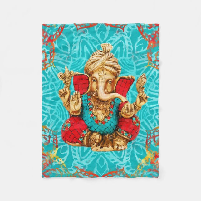 Lord Ganesha  - Mixed Media Fleece Blanket (Front)